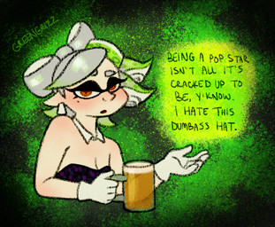 alcohol beer beverage female green_background simple_background solo text greengrizz nintendo splatoon marie_(splatoon) cephalopod humanoid inkling marine mollusk hi_res