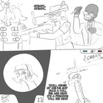 alcohol anthro beverage bone_frill bullet business_suit butterfly_knife clock clothing cosplay crossover_cosplay dialogue drinking electronics eyewear female frill_(anatomy) gameplay_mechanics glasses gloves group gun handwear headgear headphones headset jacket knife long_neck long_tail male ranged_weapon rifle sniper_rifle snout suit sunglasses tail text tongue tongue_out topwear watch weapon wristwatch arsenic_iii cavemanon_studios i_wani_hug_that_gator team_fortress_2 valve benjamin_mcknight demoman_(team_fortress_2) inco_(iwhtg) liz_farlane mia_moretti scout_(team_fortress_2) sniper_(team_fortress_2) spy_(team_fortress_2) brachiosaurid brachiosaurus dinosaur hadrosaurid human mammal ornithischian ornithopod parasaurolophus prehistoric_species reptile sauropod sauropodomorph scalie 1:1 2023 black_and_white comic crossover english_text hi_res monochrome sketch