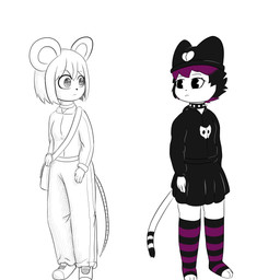 black_bottomwear black_clothing black_topwear bottomwear clothing duo female fur hair purple_hair topwear white_body white_bottomwear white_clothing white_fur white_topwear ccxiaoyi123 veronica_(e254e) felid feline felis mammal mouse murid murine rodent 1:1 absurd_res hi_res