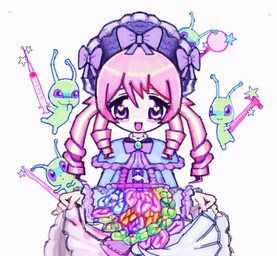 alternative_fashion ambiguous_gender anime_style anthro blood blush bodily_fluids bonnet bow_ribbon capelet clothing dress drill_curls eyelashes female gore group guts hair hammer headgear headwear intestines j-fashion lolita_(fashion) markings medical_instrument mole_(marking) open_mouth organs pink_hair purple_eyes scalpel scientific_instrument surgical_instrument syringe tools alunka alien human mammal hi_res