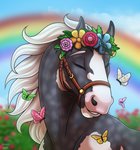 blue_sky cloud eyes_closed female feral outside plant pose rainbow sky solo jenery arthropod butterfly equid equine horse insect lepidopteran mammal 2019 absurd_res digital_media_(artwork) hi_res