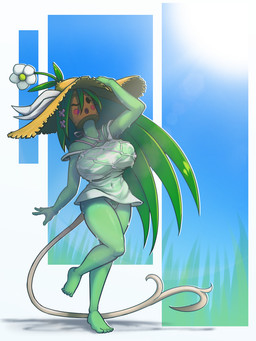 5_fingers 5_toes accessory arms_bent barefoot bent_leg big_breasts black_eyes blush breasts cleavage clothed clothing dot_eyes dress feet female fingers floral flower flower_(anatomy) flower_accessory flower_hair_accessory green_body green_skin hair_accessory hairpin half-closed_eyes hat head_flower headgear headwear leaf leaf_hair long_tail narrowed_eyes no_underwear not_furry on_one_leg one_calf_up plant plant_hair plant_pot pseudo_hair pubes pupils raised_arm raised_calf raised_foot simple_background simple_eyes smile solo standing straight_leg straw_hat sun_hat sundress tail thin_tail toes wet wet_clothing white_background wide_brim_hat pixelhat blaster_master kanna_(blaster_master) elemental_creature elemental_humanoid flora_fauna humanoid plant_humanoid 3:4 colored hi_res