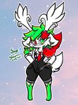 anthro bottomwear clothing green_eyes green_hair hair heterochromia male necktie pants red_eyes shirt solo topwear white_body lewdchuu_(artist) nintendo pokemon sage_(lewdchuu) generation_4_pokemon legendary_pokemon pokemon_(species) shaymin sky_forme_shaymin hi_res