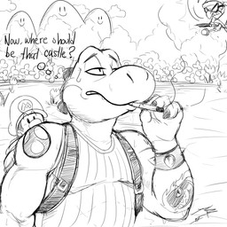 ambiguous_gender anthro arm_tattoo backpack cigarette clothed clothing cloud duo_focus egg front_view group hill_with_eyes_(mario) male muscular muscular_anthro muscular_male narrowed_eyes outside overweight overweight_anthro overweight_male shoulder_tattoo smoking smoking_cigarette tattoo text trio yoshi_egg young young_ambiguous young_human crazydrak mario_bros nintendo yoshi's_island baby_mario kamek mario bullet_bill human koopa magikoopa mammal scalie yoshi 1:1 2019 dated english_text hi_res monochrome signature