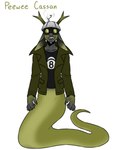 2_horns apode black_clothing black_shirt black_topwear bodily_fluids bottomless claws clothed clothing eyewear finger_claws fingers goggles green_body green_clothing green_horn green_jacket green_scales green_topwear grey_body grey_helmet horn jacket legless long_ears male multicolored_body open_clothing open_jacket open_mouth open_topwear pockets print_clothing print_shirt print_topwear scales serpentine shirt simple_background solo split_form standing sweat sweatdrop teeth text topwear white_background striding_feather farragnarok farragofiction homestuck ms_paint_adventures peewee_cassan alien alien_humanoid draconcopode horned_humanoid humanoid hybrid lamia reptile scalie snake troll_(homestuck) 2022 character_name digital_media_(artwork) flat_colors full-length_portrait portrait