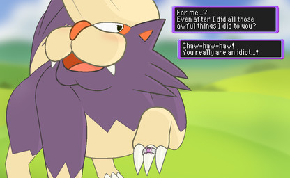 ambiguous_gender asking_another blush cheek_tuft claw_ring claws day ellipsis facial_tuft feral fur grass grass_field laugh narrowed_eyes open_mouth open_smile outside paw_ring plant purple_body purple_fur ring smile solo talking_to_another tan_body tan_fur teeth text text_box tuft pinnipip nintendo pokemon pokemon_mystery_dungeon spike_chunsoft skuntank_(eotds) team_skull_(eotds) generation_4_pokemon mammal mephitid pokemon_(species) skunk skuntank english_text male_(lore)