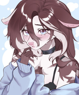 anthro biped blush blush_lines bodily_fluids bra brown_hair brown_markings choker clothing crying exposed_shoulder eyelashes female fur hair humanoid_hands jewelry long_hair looking_at_viewer markings necklace raised_hand simple_background snout solo sweater tears topwear underwear white_body white_fur niterra lia_(wwufufu) deer mammal bust_portrait digital_drawing_(artwork) digital_media_(artwork) hi_res portrait shaded