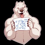 anthro arms_bent drawing fur hair hair_over_eyes holding_art holding_object holding_paper male muscular navel open_mouth overweight paper solo tongue white_body white_fur mustachemutt albus_(salkitten) canid canine canis mammal wolf 1:1 2021 alpha_channel