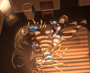 5_fingers abs anthro barefoot blue_eyes brown_hair clothed clothing detailed_background digitigrade duo feet female female_on_anthro fingers hair humanoid_on_anthro lying male male/female male_on_humanoid sitting smile straddling kittydee marlboro_(lightlender) animal_humanoid humanoid lagomorph leporid mammal rabbit 2017 digital_media_(artwork) shaded
