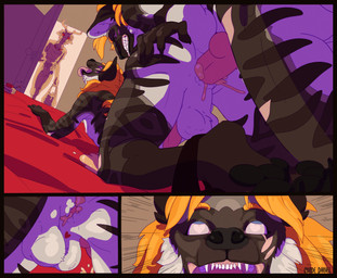 ahegao all_fours anal anal_orgasm anal_penetration anthro antlers anus ball_tuft balls balls_deep balls_touching black_border blonde_hair blue_eyes bodily_fluids border brown_body caught caught_in_the_act claws clone clothed clothing clothing_around_one_leg cum cum_from_ass cum_in_ass cum_inside cum_on_sheets cum_spurt cumshot digitigrade doggystyle door doorway duo ejaculation eye_roll eyewear facial_scar from_behind_position genital_fluids genitals goggles grimace groceries grocery_bag hair hand_on_bed hand_on_butt hands-free heart_eyes heart_symbol horn in_doorway inner_ear_fluff knot knotted_penis knotting looking_pleasured male male/male nude open_door open_mouth orgasm partially_clothed pawpads penetration penile penile_penetration penis penis_in_ass plastic_bag scar selfcest sex square_crossover striped_body stripes tongue tongue_out tuft underwear underwear_around_one_leg underwear_down artcondedaniel deer hyena mammal striped_hyena absurd_res comic hi_res