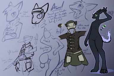 4_eyes 4_fingers andromorph anthro ballistic_mask blind_eye blue_body bottomwear clothed clothing coat color_swatch crossed_arms fingers flat_chested fluffy fluffy_tail genitals gesture green_eyes gun hair hand_behind_head hand_gesture holding_gun holding_object holding_ranged_weapon holding_rifle holding_weapon intersex knife lever_action_rifle looking_at_viewer lying multi_eye nude on_back open_mouth presenting ranged_weapon rifle scales short_hair skirt solo tail teeth_showing text tongue tongue_out topwear v_sign vulva weapon conditional_dnp lodi_(artist) furred_lizard lizard reptile scalie english_text hi_res model_sheet nonbinary_(lore)