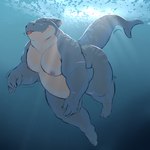 anthro belly big_butt blep butt looking_at_viewer male moobs musclegut muscular muscular_anthro muscular_male nipples nude overweight overweight_male scar shark_fin shark_tail solo thick_thighs tongue tongue_out underwater water minedoo fish marine shark 1:1 absurd_res hi_res