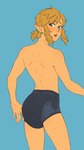 blonde_hair blue_eyes blush clothed clothing diaper diaper_only ear_piercing ear_ring embarrassed hair looking_back male not_furry open_mouth piercing ponytail ring_piercing solo standing swim_diaper teeth topless wearing_diaper floofnfluff breath_of_the_wild nintendo the_legend_of_zelda link humanoid hylian hi_res