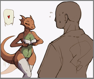 anthro bikini bodily_fluids breasts clothing duo female flying_sweatdrops hand_on_breast legwear male non-mammal_breasts speech_bubble sweat sweatdrop swimwear tail tail_motion tailwag thigh_highs two-piece_swimsuit wide_hips bluedraggy bethesda_game_studios microsoft oblivion prequel_adventure the_elder_scrolls anon quill-weave argonian human lizard mammal reptile scalie hi_res