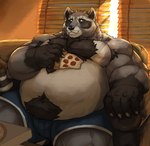 anthro belly black_nose blue_clothing blue_underwear boxers_(clothing) clothing detailed_background food fur furniture grey_body grey_fur humanoid_hands inside male moobs overweight overweight_male pizza sitting sofa solo underwear cinna-tree mammal procyonid raccoon 2021 absurd_res hi_res