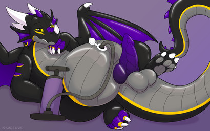 balls belly belly_inflation black_body genitals horn hose hose_inflation inflatable inflation knot knotted_penis looking_at_viewer lying male membrane_(anatomy) membranous_wings on_back penis pool_toy purple_penis simple_background smile smiling_at_viewer solo wings yellow_eyes symrea mythology zaelgolin_valturis animate_inanimate dragon living_inflatable mythological_creature mythological_scalie scalie 16:10 2025 widescreen