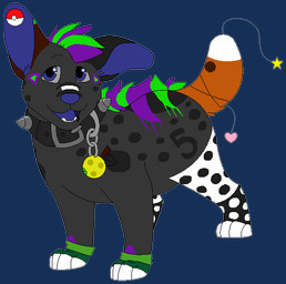 ambiguous_gender black_body black_collar black_fur blue_eyes blue_inner_ear blue_nose blue_tongue brown_tail charm_(jewelry) clothing collar digitigrade dipstick_tail feral fingerless_gloves fur gloves green_clothing green_fingerless_gloves green_gloves green_handwear green_mane grey_body grey_fur grey_sclera grey_spikes handwear mane markings multicolored_mane open_mouth open_smile piercing pokeball pokeball_piercing purple_mane raised_tail simple_background smile solo sparklefur spiked_collar spikes standing tail tail_markings teeth tongue transparent_background two_tone_mane white_body white_fur white_tail_tip sebdoggo nintendo pokemon blue_(sebdoggo) canid canine canis domestic_dog herding_dog mammal mixed_breed pastoral_dog welsh_corgi 2018 aliasing alpha_channel digital_drawing_(artwork) digital_media_(artwork) flat_colors full-length_portrait microsoft_paint_(artwork) portrait