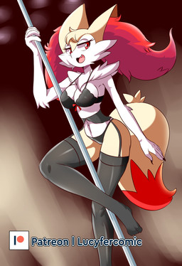 5_fingers accessory anthro big_ears biped bow_(feature) bra breasts clothed clothing colored_nails dancing dipstick_tail fangs female fingers fur garter grin inner_ear_fluff legwear lingerie markings multicolored_body multicolored_fur multicolored_tail nails navel open_mouth panties pole pole_dancing red_eyes simple_background smile solo stockings stripper stripper_pole tail tail_markings teeth tuft two_tone_tail underwear yellow_body yellow_fur lucyfercomic nintendo pokemon bray_(lucyfercomic) braixen canid canine generation_6_pokemon mammal pokemon_(species) 2019 absurd_res digital_media_(artwork) hi_res