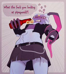 alcohol angry anthro beer belt beverage blue_body blue_fur body_hair bottle bottomwear bubble chest_scar claw_marks claws clothing container dialogue drunk drunk_bubble facial_scar fangs female fur happy_trail holding_bottle holding_container holding_object jacket leg_scar looking_at_viewer low-angle_view miniskirt pink_eyes profanity scar showing_teeth skirt solo standing substance_intoxication talking_to_viewer teeth text thigh_scar topwear dlrp99 nintendo pokemon generation_8_pokemon pokemon_(species) sneasler colored english_text hi_res signature