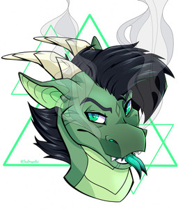 anthro black_eyebrows black_hair eyebrows forked_tongue green_body hair horn looking_at_viewer male open_mouth sharp_teeth simple_background smoke smoke_from_mouth solo teal_eyes teal_tongue teeth tongue tongue_out white_background white_horn greenteadragonboi mythology dragon mythological_creature mythological_scalie scalie hi_res portrait