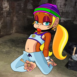anthro bdsm blue_eyes bondage bound cuff_(restraint) ear_piercing ear_ring female flat_chested handcuffed handcuffs key metal_cuffs nipple_outline photo_background piercing restraints ring_piercing solo twintails_(hairstyle) nintyfresh donkey_kong_(series) nintendo tiny_kong ape chimpanzee haplorhine kong mammal pan_(genus) primate 1:1 hi_res photography_(artwork)