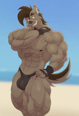 abs anthro arm_tuft barazoku barbell_piercing beach beard bedroom_eyes biceps big_muscles blurred_background bulge claws clothed clothing deltoids ear_piercing ear_ring elbow_tuft eyebrows facial_hair fingerless_gloves fingers gloves hair hand_on_hip hand_on_shoulder handwear huge_muscles jockstrap leg_muscles male mohawk muscle_tone muscular muscular_arms muscular_male muscular_thighs narrowed_eyes nipples outside pecs piercing ponytail quads red_eyes ring_piercing sand seaside seductive smile smirk smug solo tail thick_thighs toothy_grin topless triceps tuft underwear vein veiny_muscles water kaioat russell_carmine absurd_res digital_media_(artwork) hi_res
