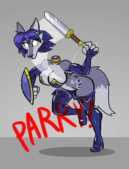anthro armor armwear big_breasts blue_armwear blue_clothing blue_elbow_gloves blue_gloves blue_hair blue_handwear blue_latex blue_legwear blue_lipstick blue_thigh_boots blue_thigh_highs boots bottomwear breasts clothed clothing decapitation detachable detachable_head elbow_gloves female fingerless_gloves fluffy fluffy_tail footwear fur gloves grey_body grey_fur hair handwear high_heeled_boots high_heels latex latex_armwear latex_clothing latex_elbow_gloves latex_gloves latex_handwear legwear lipstick loincloth makeup melee_weapon shield shoes skimpy solo sword tail thigh_boots thigh_highs unconvincing_armor weapon yellow_eyes aygee strelle_(theryusui) canid canine canis mammal wolf 2026