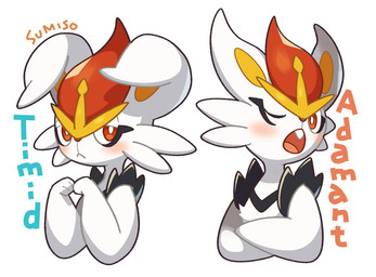 ambiguous_gender blush crossed_arms open_mouth pose simple_background solo text white_background sumiso nintendo pokemon cinderace generation_8_pokemon pokemon_(species) english_text expression_sheet half-length_portrait portrait source_request unavailable_at_source