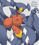 2022 4_fingers abs absurd_res anthro anthrofied areola ashraely athletic bedroom_eyes big_breasts black_sclera blue_body breasts claws curvy_figure dialogue digital_media_(artwork) english_text eyelashes female fin finger_claws fingers front_view garchomp generation_4_pokemon genitals grin hi_res huge_breasts innie_pussy looking_at_viewer multicolored_body narrowed_eyes navel nintendo nipples nude pokemon pokemon_(species) pose pussy red_areola red_body red_nipples seductive sharp_teeth simple_background smile solo spikes spikes_(anatomy) standing talking_to_viewer teeth text thick_thighs voluptuous white_background wide_hips yellow_body yellow_eyes