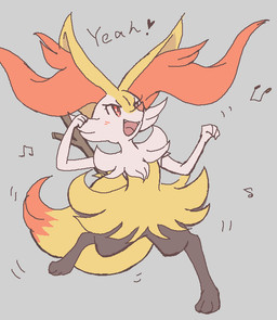 ambiguous_anthro ambiguous_gender anthro biped blush cute_fangs dancing digitigrade dipstick_tail exclamation_point eyelashes fangs front_view markings musical_note musical_symbol object_in_tail on_one_leg open_mouth open_smile simple_background smile snout solo standing stick stick_in_tail symbol tail tail_markings teeth text tongue gd-058 nintendo pokemon braixen canid generation_6_pokemon mammal pokemon_(species) 2016 aliasing binary_drawing digital_drawing_(artwork) digital_media_(artwork) english_text full-length_portrait japanese_description portrait translated_description unavailable_at_source female_(lore)