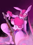 anthro areola big_breasts blush bodily_fluids breasts breath chest_tuft female flintlock fur genital_fluids genitals gradient_background gun heart_eyes heart_symbol masturbation navel nipples pink_areola pink_background pink_body pink_fur pink_nipples purple_body pussy ranged_weapon simple_background solo steam steaming_body tuft vaginal vaginal_fluids vaginal_masturbation weapon oysterkibble palworld pocketpair lovander pal_(species) artist_name hi_res