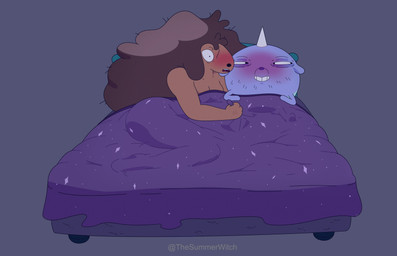 after_sex anthro bed bed_sheet bedding black_nose black_sclera blue_body blush breasts brown_hair duo female furniture grabbing_sheets grey_background hair horn male messy pillow purple_bed_sheet purple_nose simple_background simple_eyes smile stubble teeth text thick_thighs white_eyes thesummerwitch adventure_time cartoon_network samantha_(adventure_time) t.v._(adventure_time) canid canine canis domestic_dog horned_humanoid humanoid hybrid mammal pup_(adventure_time) rainicorn absurd_res artist_name hi_res shaded