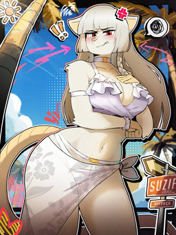 angry anthro bangs big_breasts bikini breasts clothing emanata female female_anthro front_view frown fur hair looking_at_viewer mature_anthro mature_female midriff navel palm_tree plant pose red_eyes sarong solo standing swimwear tree two-piece_swimsuit white_body white_fur white_hair wide_hips 00niine canid canine mammal 3:4 colored digital_drawing_(artwork) digital_media_(artwork) hi_res shaded