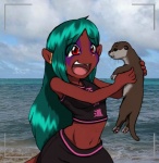 beach blue_hair breasts camera_view clothed clothing cloud duo female feral fur hair heart_symbol hindpaw kyaa markings open_mouth outside pawpads paws photo red_body red_eyes red_fur sand sea seaside sky tongue water xd cainethelongshot shindorei mammal mustelid otter