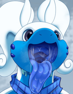 ambiguous_gender antennae_(anatomy) anthro blue_body blue_insides blue_tongue bodily_fluids drooling grey_eyes mouth_shot open_mouth saliva saliva_string solo text tongue tongue_out white_body rainypaws nintendo pokemon generation_6_pokemon goodra pokemon_(species) artist_name hi_res