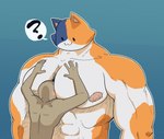 :3 abs ambiguous_gender anthro black_eyes blush dot_eyes duo face_in_chest fur head_between_pecs looking_down_at_another male male/ambiguous muscular muscular_anthro muscular_arms muscular_male nipples orange_body orange_fur pecs question_mark simple_background thick_neck white_body white_fur pokonuki epic_games fortnite anon meowscles calico_cat domestic_cat felid feline felis mammal 2024