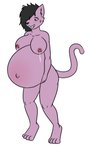 angel_graves anthro belly big_belly black_hair blue_eyes blush bodily_fluids derrysome domestic_cat felid feline felis female fluffy_ears fur hair hand_on_belly hi_res lactating mammal navel nipples nude pink_body pink_fur pregnant pregnant_anthro pregnant_female simple_background smile solo sweat sweatdrop white_background