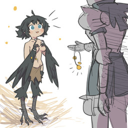 anthro belly black_body black_feathers black_hair blue_eyes bottomwear bracelet breasts choker clothing duo feathers featureless_breasts feet female gold_(metal) gold_bracelet gold_jewelry hair jewelry loincloth male male/female necklace short_hair talons toes torn_clothing tateoftot dark_souls fromsoftware pickle-pee avian bird corvid corvus_(genus) crow human humanoid mammal oscine passerine 1:1 hi_res