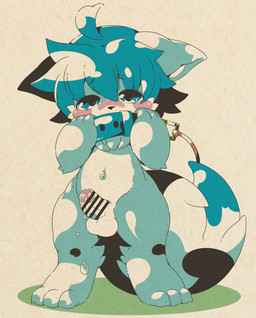 anthro balls belly blue_body blue_eyes blue_fur blush bodily_fluids censor_bar censored_genitalia censored_penis chibi collar embarrassed erection exposed foreskin fur genitals glans hair humanoid_genitalia humanoid_penis kemono leash leashed_collar looking_at_viewer male navel open_mouth pawpads paws penis pink_glans shy solo white_belly young young_anthro young_male macop mikey_(mikey_fox) canid canine fox mammal absurd_res censored hi_res
