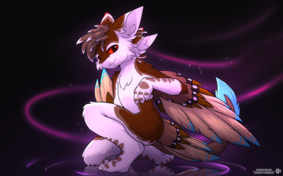 anthro crouching digitigrade feather_hair feathers kemono looking_at_viewer male multi_ear pseudo_hair red_sclera smile solo winged_arms wings snowybark varu_(avali) alien avali avian 16:10 absurd_res hi_res widescreen