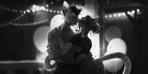 anthro blurred_background bottomwear cheek_tuft clothed clothing duo ear_piercing ear_ring eyelashes eyes_closed facial_tuft female floppy_ears hair happy kissing male male/female markings pants piercing ring_piercing romantic romantic_couple short_hair smile string_lights tail tail_markings topwear tuft unknowhiter 2020 monochrome
