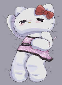 anthro babydoll chibi clothing drunk female fur genitals lingerie lingerie_only lying nightgown on_back solo substance_intoxication translucent translucent_clothing vulva white_body white_fur touboutenshi hello_kitty_(series) sanrio hello_kitty_(character) bobtail_cat domestic_cat felid feline felis mammal