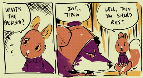 2_panel_comic ambiguous_gender black_nose black_text brown_body brown_eyes clothed clothing dialogue duo ellipsis eyebrows fluffy fluffy_tail looking_at_another open_mouth pupils question question_mark speech_bubble tail talking_to_another text flavia-elric canid canine mammal rodent sciurid tree_squirrel 2020 comic digital_media_(artwork) english_text hi_res