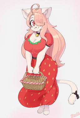 4_fingers 5_fingers accessory aged_up ahoge anthro barefoot basket bell bell_collar big_breasts bow_ribbon breasts cleavage clothed clothing collar container dress eyelashes feet female fingers fur furgonomics hair holding_object inner_ear_fluff long_hair pink_eyes pink_hair ribbons simple_background smile solo standing tail tail_accessory tail_bow tail_ribbon tuft white_body white_fur skecchiart cyberconnect2 fuga:_melodies_of_steel little_tail_bronx hanna_fondant domestic_cat felid feline felineko felis mammal 2022 hi_res signature