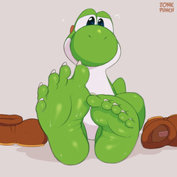 ambiguous_gender barefoot bodily_fluids clothing feet foot_fetish foot_focus footwear humanoid_feet looking_at_viewer plantigrade shoes sitting solo sweat zonkpunch mario_bros nintendo dinosaur green_yoshi prehistoric_species reptile scalie yoshi 1:1 digital_media_(artwork) hi_res