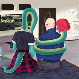 anthro bald bed bedding biped blue_clothing blue_jacket blue_topwear bottomwear clothed clothed_anthro clothed_female clothed_human clothed_male clothing dialogue door duo electronics eyewear female furniture gaming green_body grey_bottomwear grey_clothing grey_pants grey_sweater grey_topwear hair human_on_anthro inside interspecies jacket long_neck male male/female medium_hair neck_hug on_bed pants pattern_bottomwear pattern_clothing pattern_skirt pink_hair plaid plaid_bottomwear plaid_clothing plaid_skirt playing_video_game rear_view romantic romantic_couple sitting skirt speaker speech_bubble sunglasses sweater tail talking_to_another television text topwear ryangoslinghorny capcom cavemanon_studios i_wani_hug_that_gator resident_evil inco_(iwhtg) liz_farlane brachiosaurid brachiosaurus dinosaur human macronarian mammal prehistoric_species reptile saurischian sauropod sauropodomorph scalie 1:1 colored english_text hi_res shaded