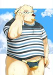 anthro beach belly blue_clothing blue_speedo blue_swimwear bodily_fluids bulge cigarette clothing eyewear food fur glasses male overweight overweight_male popsicle seaside shirt solo speedo sweat swimwear t-shirt topwear white_body white_fur wiping_sweat yellow_clothing yellow_speedo yellow_swimwear ruoain lifewonders tokyo_afterschool_summoners leib_(tas) bear mammal polar_bear ursine absurd_res hi_res