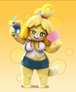 anthro beverage big_breasts black_nose blush blush_stickers bottomwear breasts clothing dipstick_tail drunk eyelashes female floppy_ears front_view fur green_bottomwear green_clothing green_eyes green_skirt green_topwear green_vest holding_beverage holding_fan holding_object looking_at_viewer lop_ears markings navel open_mouth open_smile simple_background skirt smile solo substance_intoxication tail tail_markings thick_thighs topwear vest white_body white_clothing white_fur white_topwear wide_hips yellow_background yellow_body yellow_fur the-great-pipmax animal_crossing nintendo isabelle_(animal_crossing) canid canine canis domestic_dog mammal shih_tzu toy_dog 3d_(artwork) digital_media_(artwork) hi_res