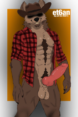 abs animal_genitalia anthro big_penis body_hair chest_hair chest_tuft clothed clothing cowboy cowboy_hat genitals hat headgear headwear knot knotted_penis male muscular muscular_anthro muscular_male open_clothing open_shirt open_topwear pattern_clothing penis plaid plaid_clothing shadowed_eyes sheath shirt solo standing topwear tuft canid canine canis mammal wolf absurd_res hi_res