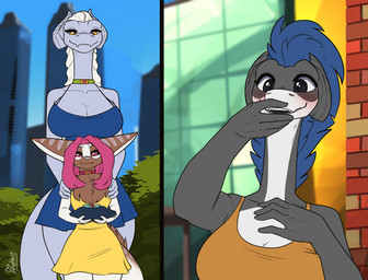 anthro big_breasts black_eyes blue_hair blush breasts brown_body brown_fur city cityscape clothing collar dress female fur grey_body grey_skin hair larger_female marriage_proposal non-mammal_breasts pink_eyes pink_hair polyamory silver_skin size_difference smaller_female thick_thighs white_body white_fur white_hair white_skin wide_hips yellow_eyes feretta mythology meeka_rose mis'alia nyo_la_nixan_(character) dra'essa draako dragon mythological_creature mythological_scalie scalie 2025 hi_res